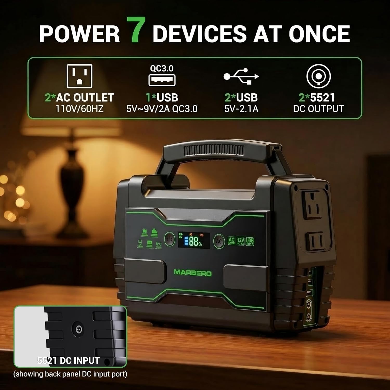 MARBERO Solar Generator 155Wh with 30W Solar Panel Portable Power Station with 2x 100W AC Outlets(Peak 150W), QC3.0 USB UL Certified for Home Blackout, Camping, RV Travel, Ultra-Light & Silent Fan