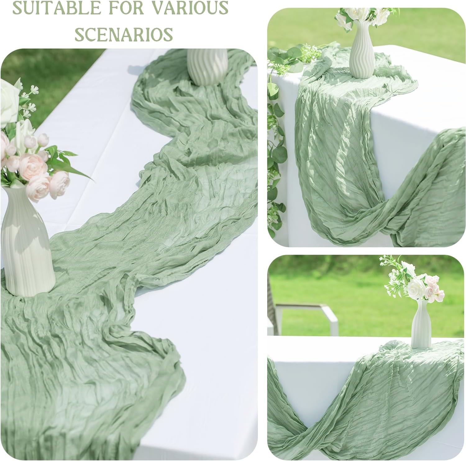 10FT Cheesecloth Table Runners for Wedding & Holiday - Jumbo 35x118 Inch Wrinkle Texture, Machine Washable Boho Table Decor (Sage Green, 6PK-35x118 inches)