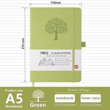 A5 Notebook Blank Journal, 200 Pages Hardcover Leather Sketch Book with 80GSM Plain Paper, Unlined Notepad, Sketchbook for Women Men Work School Drawing, 14.5 x 21cm-Green