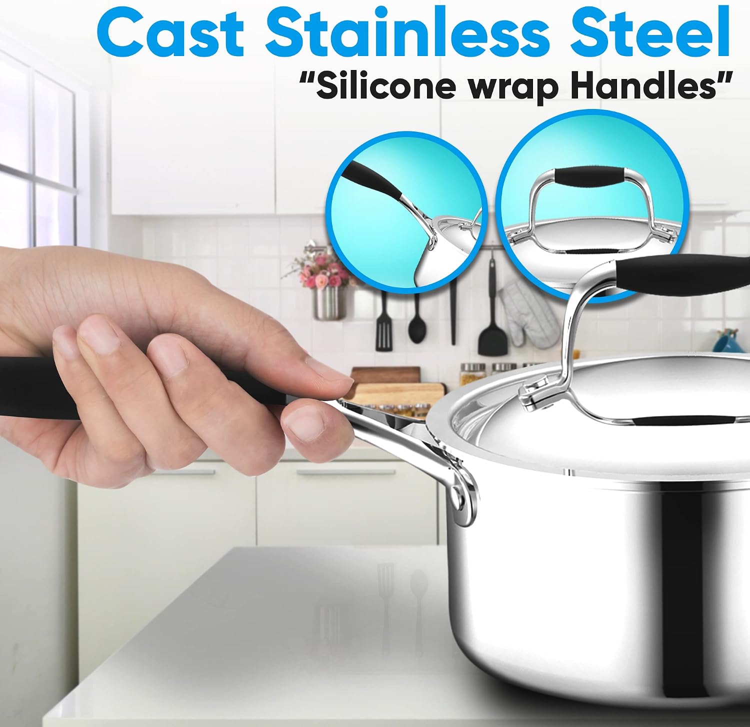 NutriChef 1.5-quart Saucepan with Lid - PFOA/PFOS Free Stainless Steel Stain-Resistant Sauce Pot Kitchen Cookware w/Satin Interior, Polished Exterior, Silicone Wrap Handles - Works w/Model NCSSS12