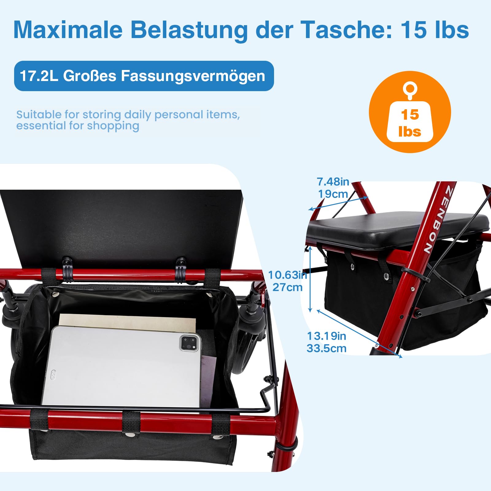 Rollator Faltbar und Leicht Aluminium: Rollatoren für Senioren Rollator Klappbar mit Sitz für die Wohnung mit 20cm Reifen 6-fach Höhenverstellung (Rot)