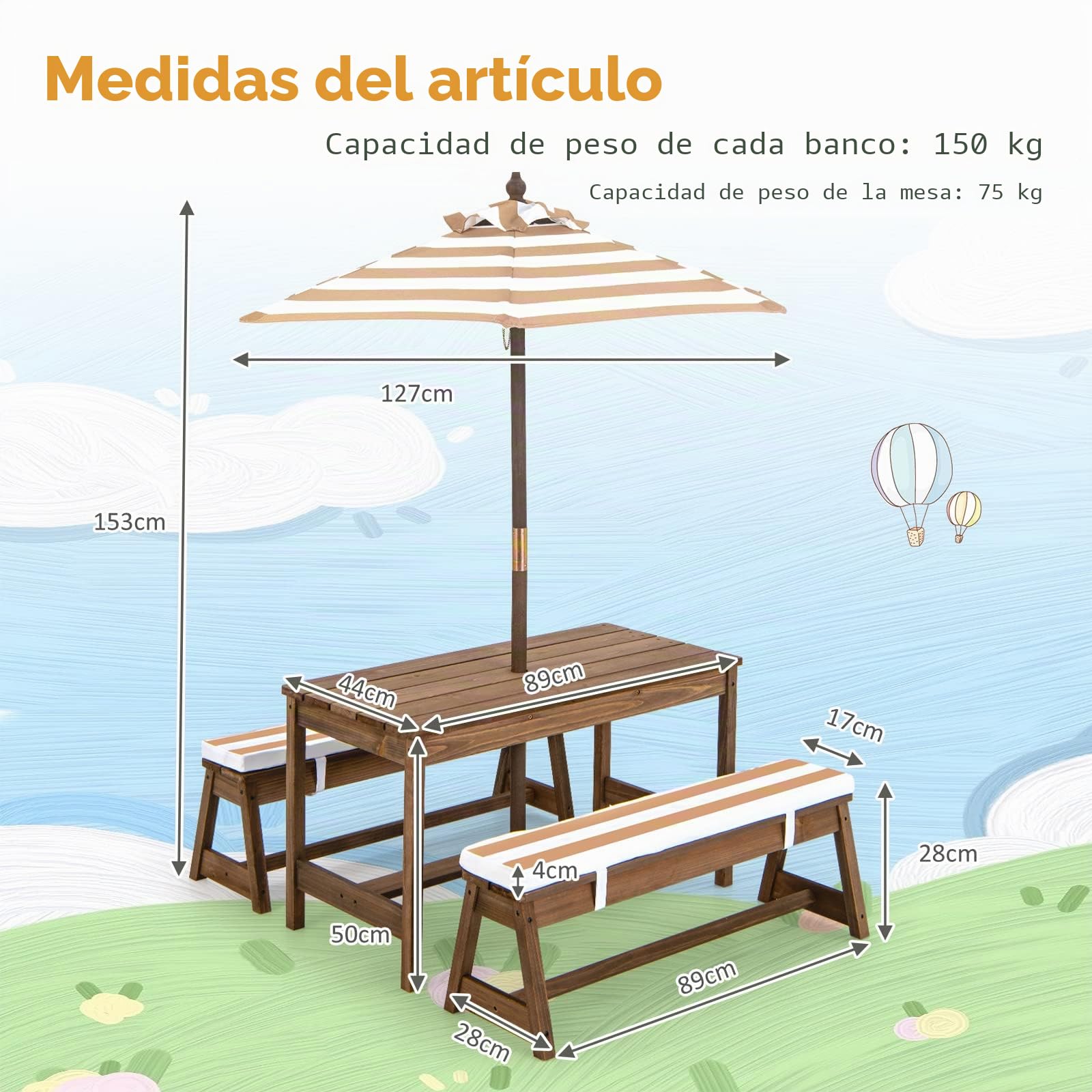 GOPLUS Conjunto 4 en 1 de 1 Mesa +2 Banco +1 sombrilla para niños, Mesa de Actividades y Banco de Madera de Abeto para niños, Conjunto de Muebles portátiles de Exterior para 4 Personas (marrón)