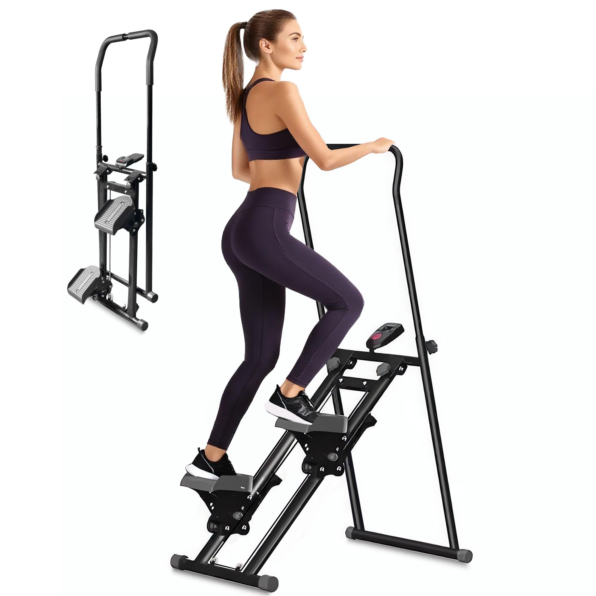 Escalador de Fitness Plegable, Capacidad 150 kg, Stepper Vertical Plegable para Gimnasio con Pantalla LCD con Manillar y Pedales Antideslizantes, Escalador de Fitness para Entrenamiento en Casa