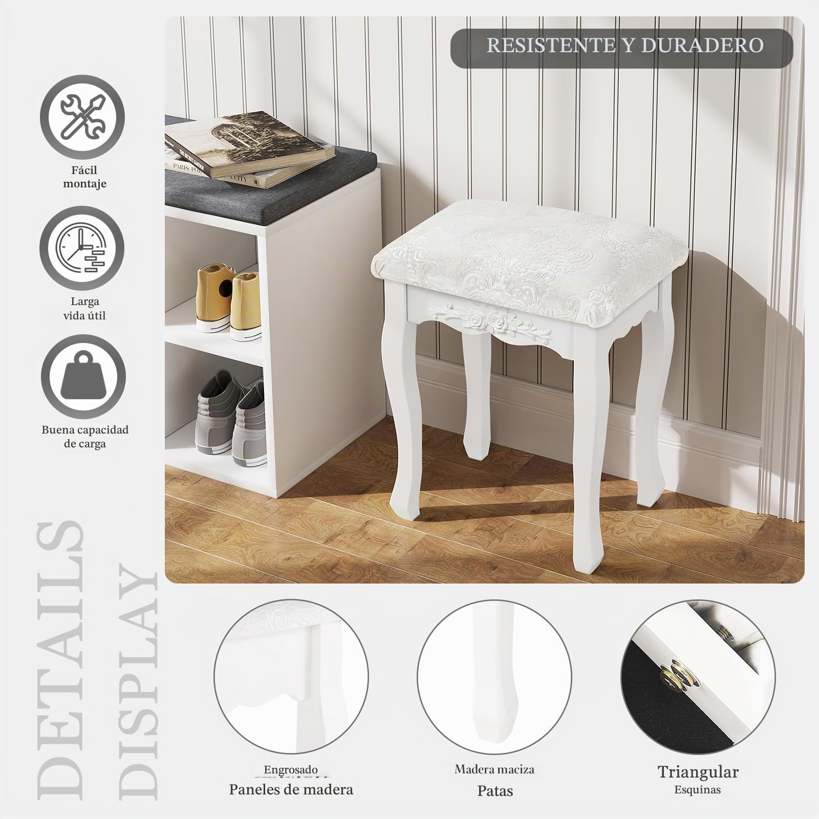 WOLTU Taburete de Maquillaje Rústico Tapizado Madera MDF Lacado Blanco Crema