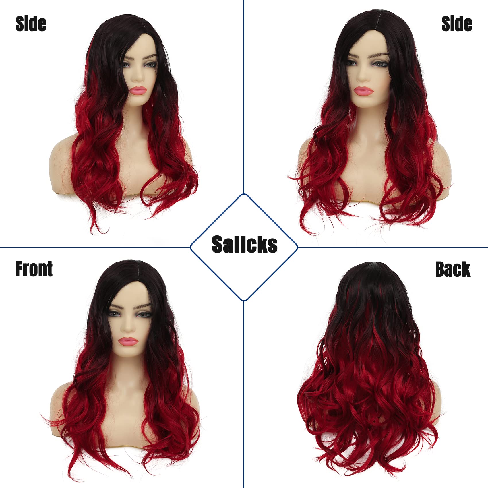 Peluca larga ondulada de color negro a rojo degradado para mujer, peluca sintética resistente al calor para fiesta diaria, disfraz de Halloween 6