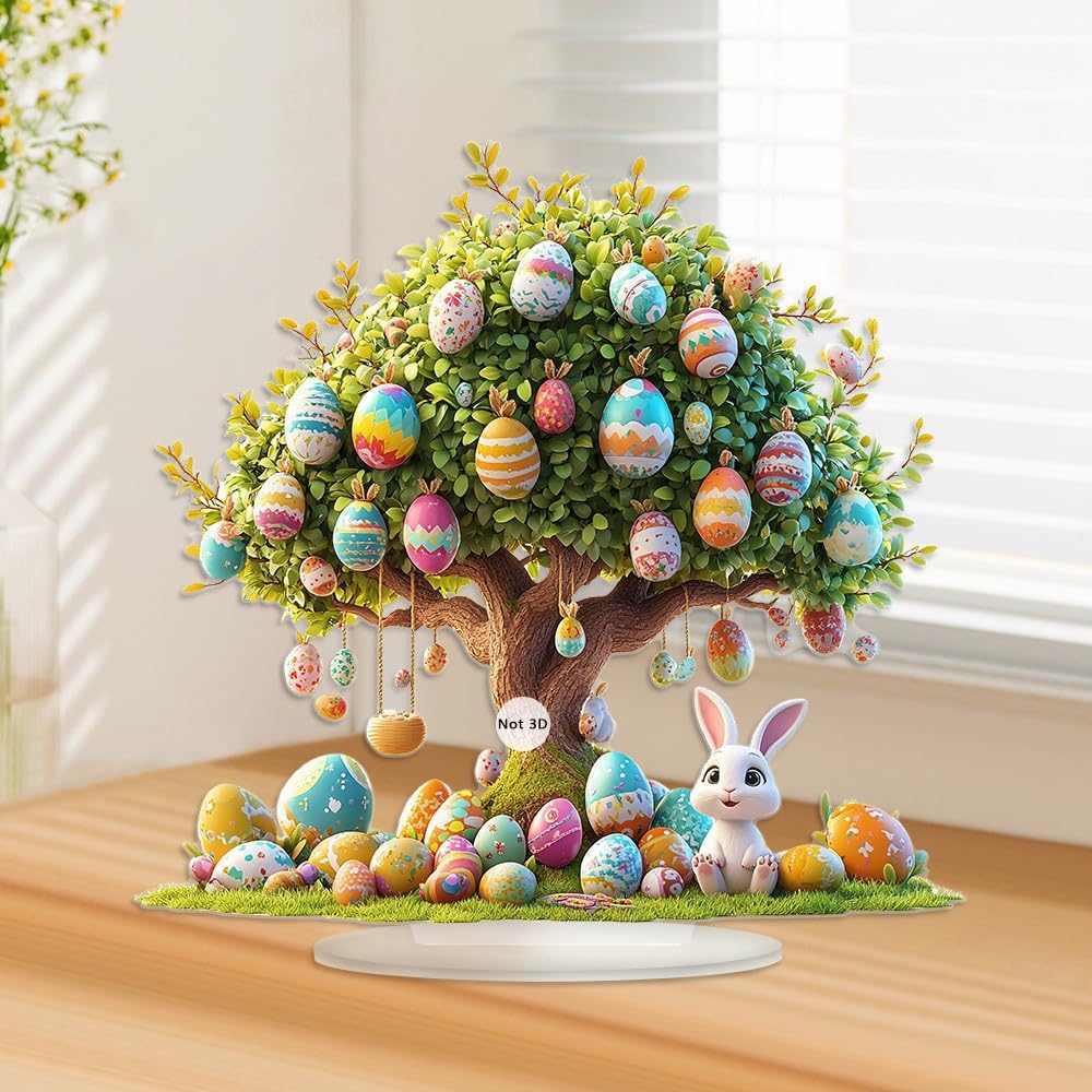 2D Easter Egg Tree Ornament, Acrylic Tabletop Decor with Bunny and Flowers, Stand Included for Desk, Shelf, Easter Party and Home Decoration