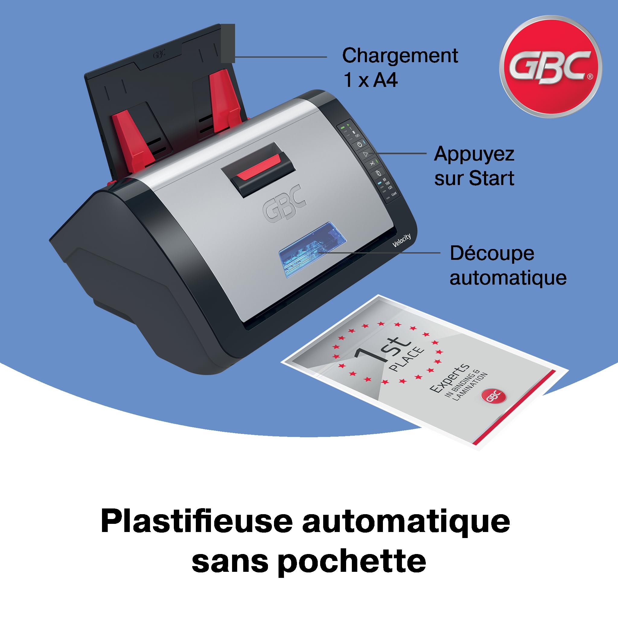 Plastifieuse GBC Velocity Automatique A4 - Machine de Bureau avec Alignement et Découpe Auto, Chauffe Rapide, Compatible Films Polyvalents, Rouleau 80 Microns Inclus (42,5 x 23,5 x 34 cm)