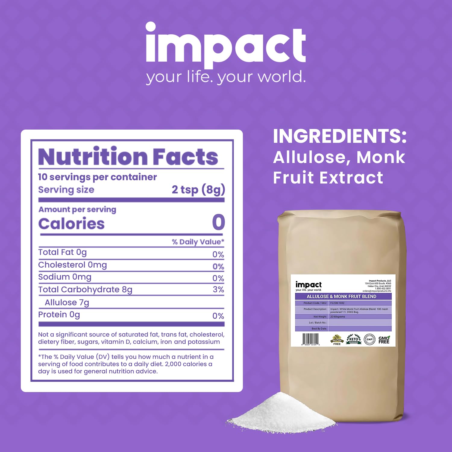 Impact Powdered Sweetener - Allulose & Monk Fruit Blend - Zero Calorie and Carb, Keto-Friendly, Sugar Substitute, Bake & Cook Guilt-Free - 44 lbs