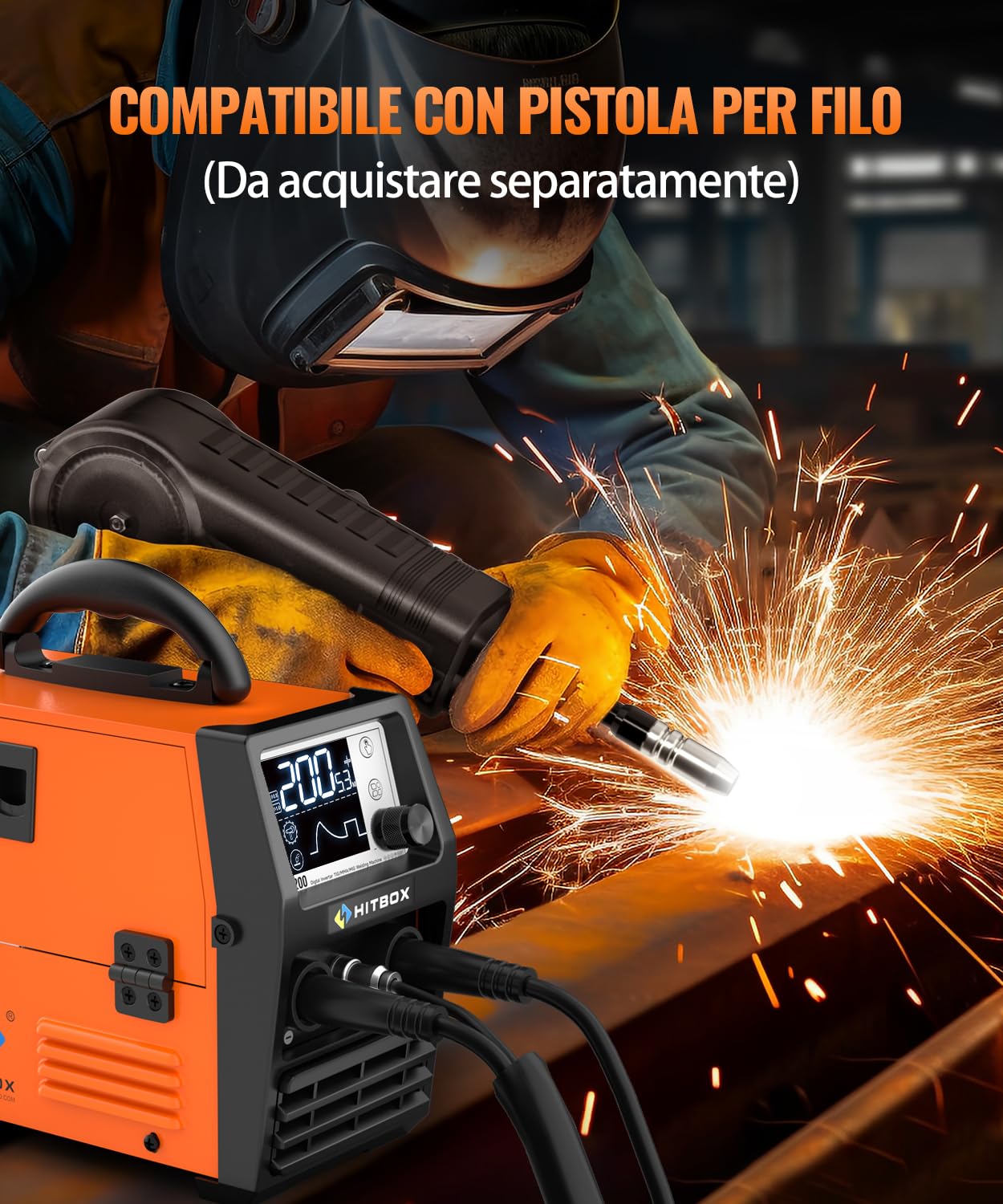 HITBOX Saldatrice a Filo 200A 4-in-1 Portatile - 230V MIG Senza Gas, ARC, LIFT TIG, Spool Gun, LED Display Digitale, Ideale per Principianti e Hobby(HIM200)