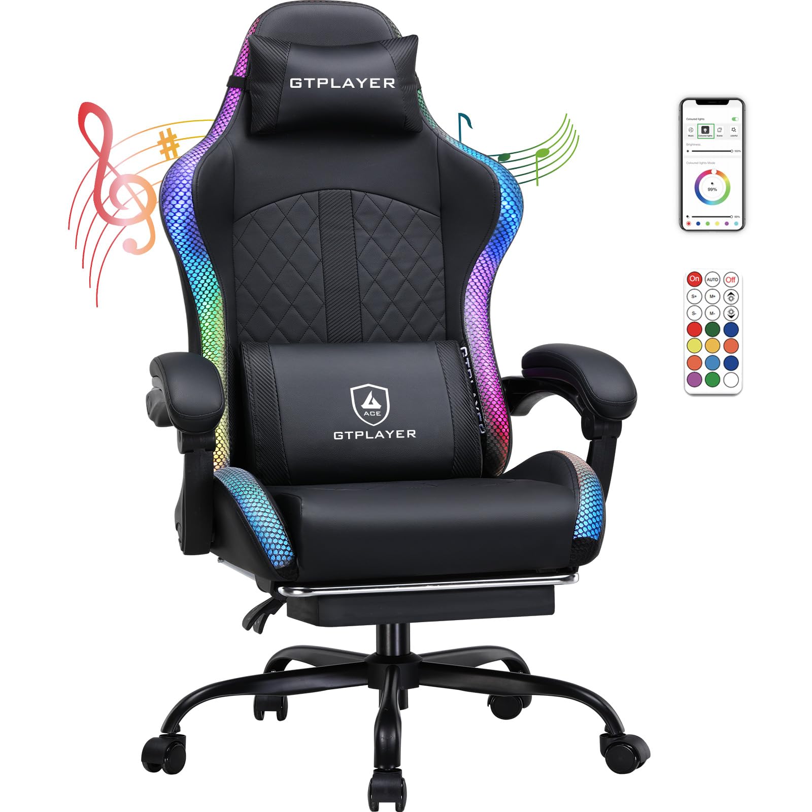 GTPLAYER Silla de gaming, silla de oficina, silla de gaming con altavoz y barra de luz, silla gamer, respaldo con bolsa de almacenamiento, silla ergonómica de PC con mando a distancia