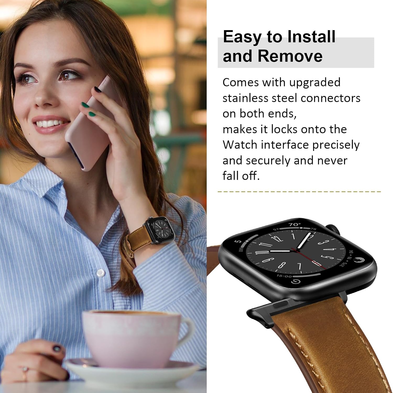 Leather Bands Compatible with Apple Watch Band 46mm/49mm/45mm/44mm/42mm, Men Women Genuine Leather Strap for iWatch Ultra 3/2/1 SE 3/2/1 Series 11 10 9 8 7 6 5 4 3 2 1, Retro Brown/Black - Image 6