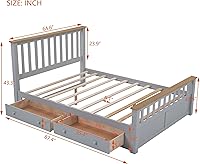 Vista 2 de Merax Cama de plataforma tamaño Queen, plataforma de madera con 2 cajones y soporte de listones de madera, gris + natural