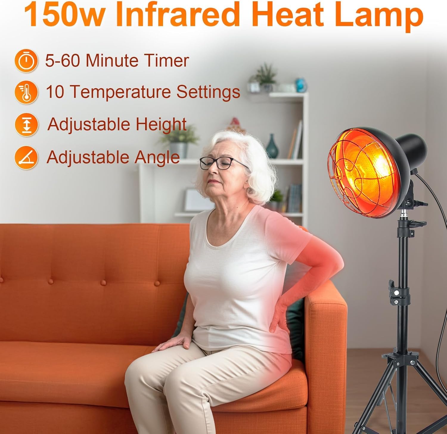 Lámpara infrarroja 150W, temperatura ajustable | Calor 30–60°C, +50% penetración, 10 niveles, temporizador 5–60 min, altura 58–116cm