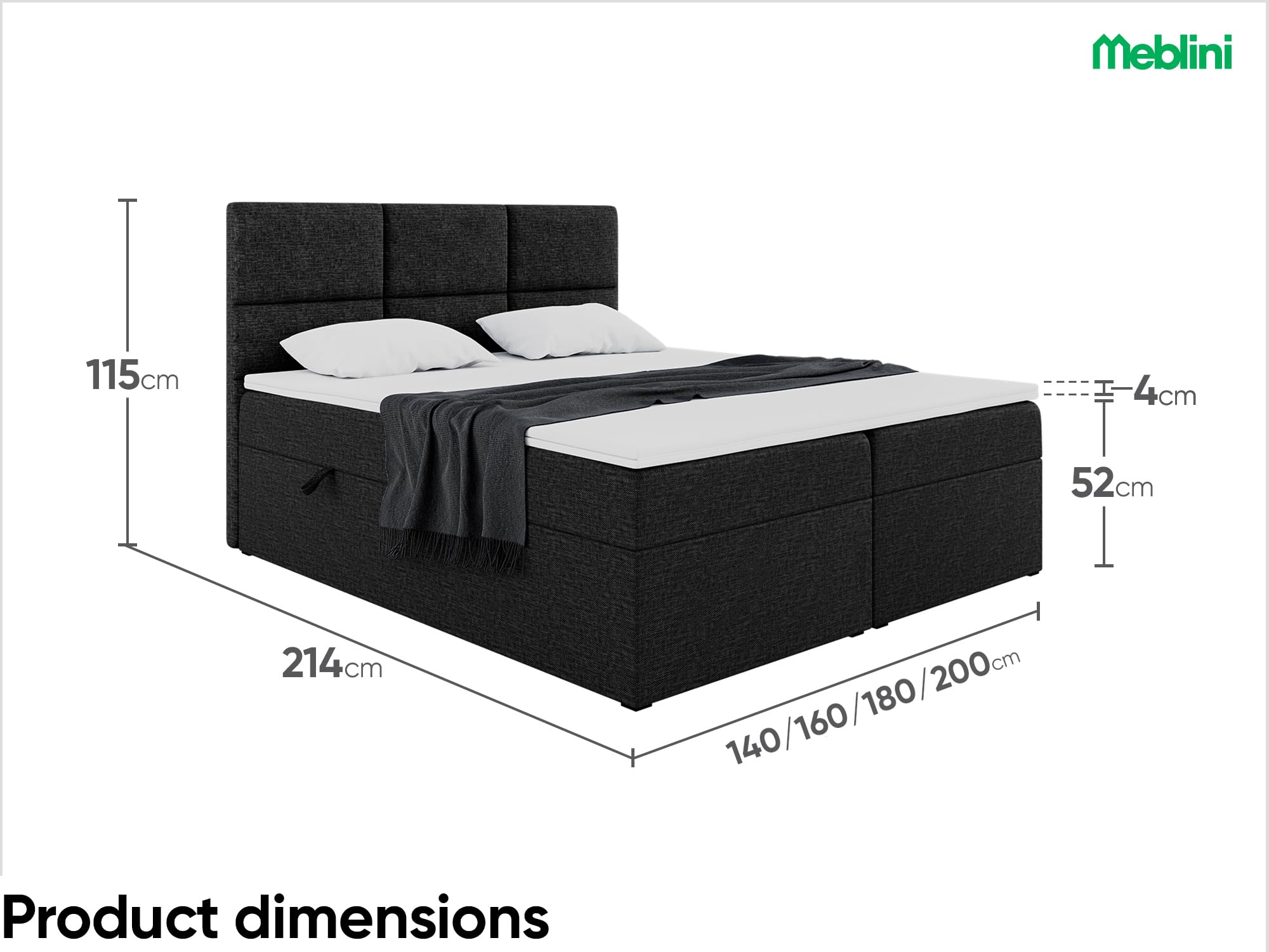 MEBLINI Boxspringbett mit Bettkasten - 200x200 - Gepolstert Doppelbett mit Matratze und Topper - Polsterbett mit Stauraum - Bett ohne Kopfteil - Stauraumbett - KYLIAN - H4/Schwarz Webstoff