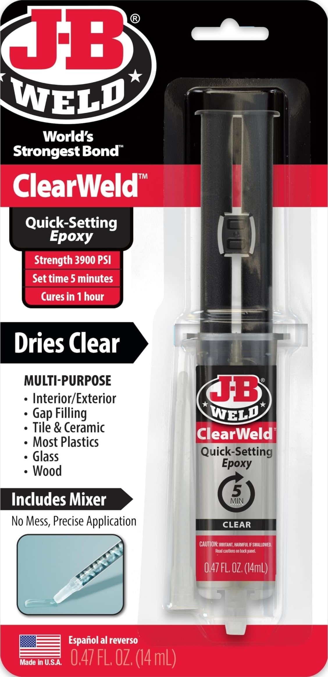 J-B Weld ClearWeld 5 Minute Epoxy, Clear, 14ml w/Static Mixer, (50114H)