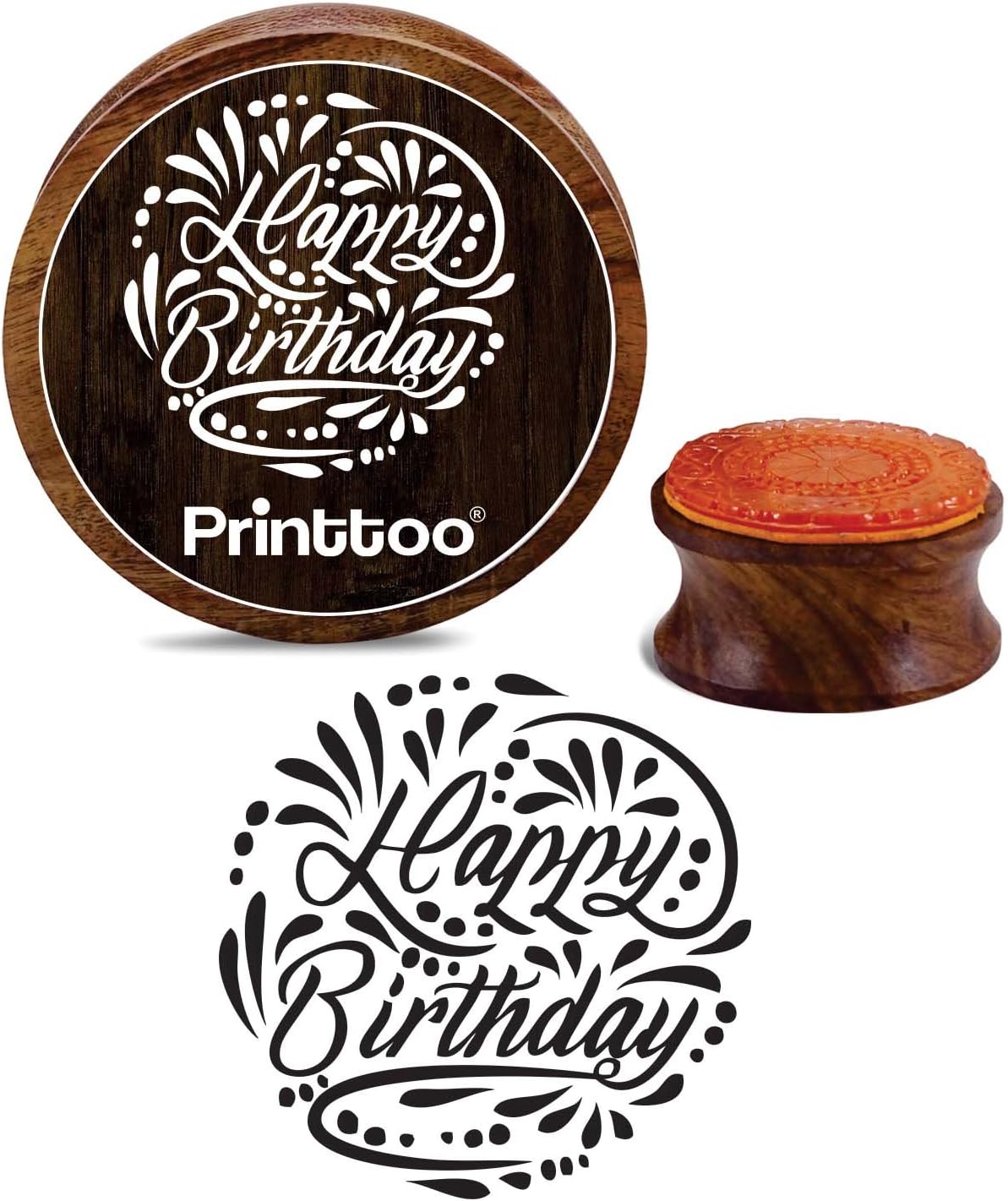 Printtoo Round Happy Birthday Wooden Rubber Stamp Craft Textile Stamps Scrap-Booking-2 Inch