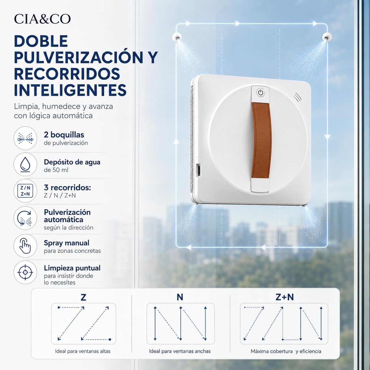 Cia&Co Robot Limpiacristales Automático con App y Mando, Doble Pulverización, 2500 Pa, 3 Modos Z/N, UPS de Respaldo 30 Min y Cuerda de Seguridad para Ventanas y Espejos