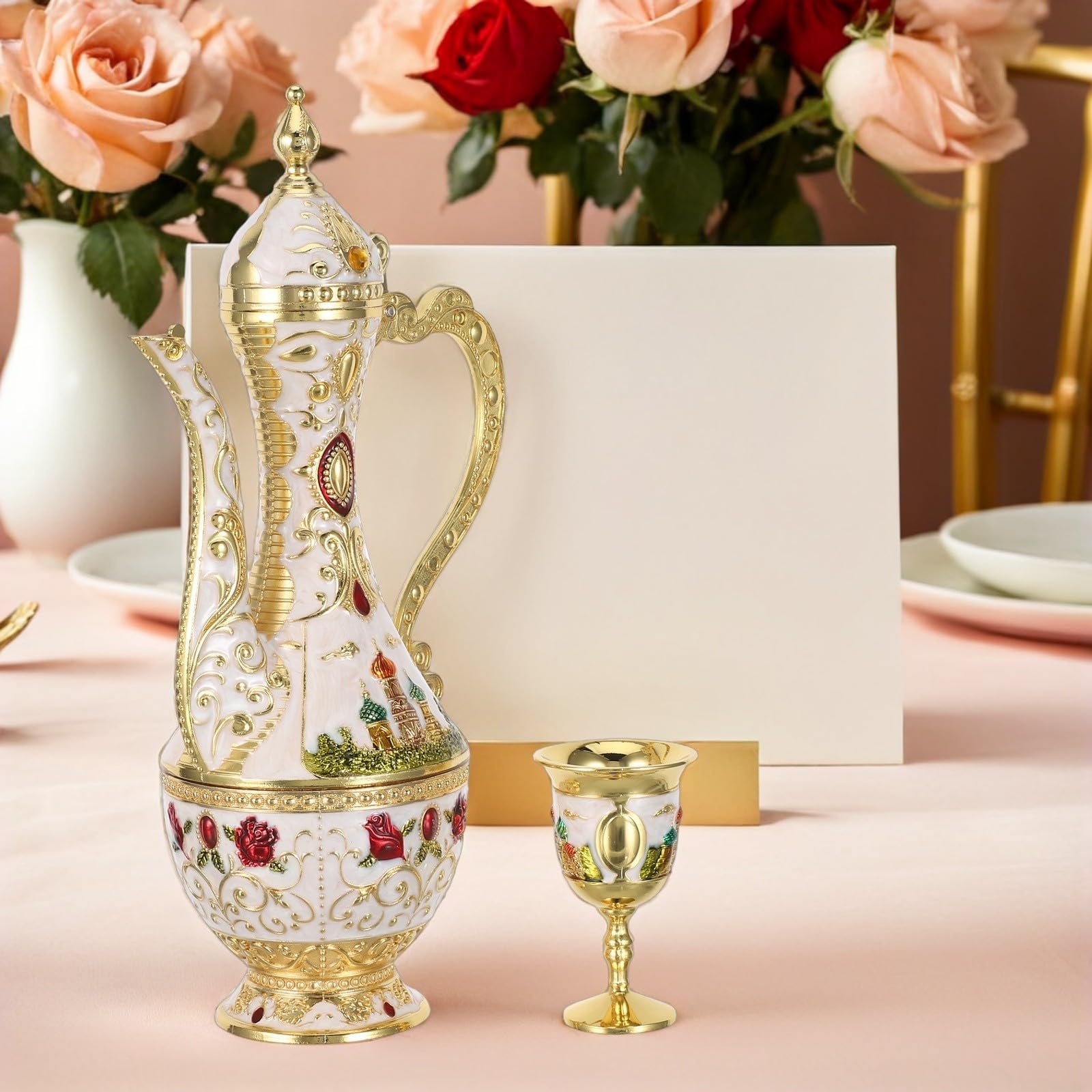 GALPADA Juego de Copas de Vino y Jarra de Café Turco con Diseño Vintage y Castillo, Aleación de Zinc, Presentación Estable para Eventos Festivos y de Té