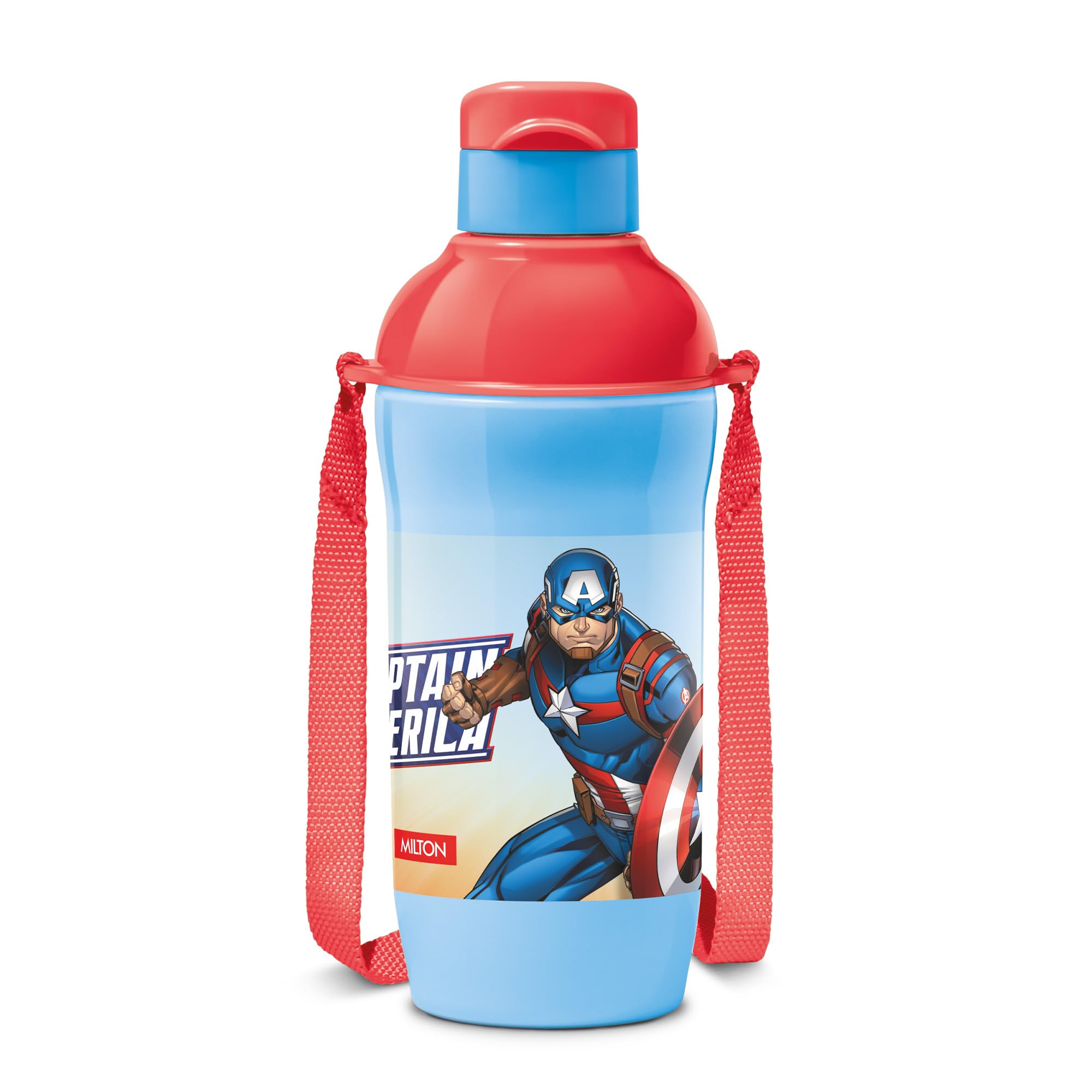 Milton Marvel Steel Slim 400 Insulated Inner Steel Water Bottle for School Kids,Leak Proof FlipTop Lid,Easy to Carry Loop,Insulated Thermo Sipper Bottle for Kids,390 ml,Sky Blue(Captain America print)-image-20