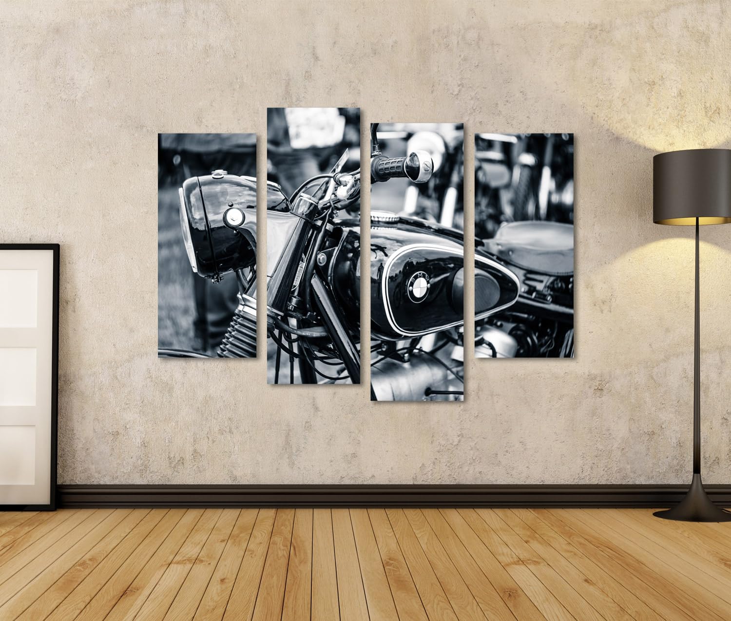 islandburner Prime Bild auf Leinwand Klassisches Motorrad Detailaufnahme in Schwarz Weiß mit Lenkeransicht Bilder Wandbilder Poster