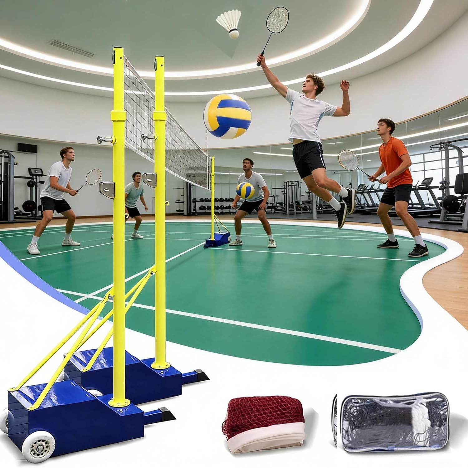 Adjustable Volleyball & Banton Net Set - 4 Heights (5ft-6.9ft) with Wheels - Heavy Duty Portable Sports System for Indoor & Outdoor Fun - Perfect for Adults & Kids