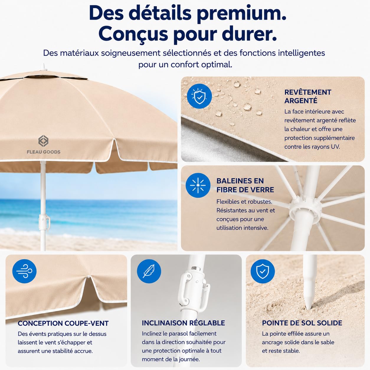 Fleau Goods Parasol de plage – Parasol – Réglable – Protection UV – Résistant à l'eau – Parasol à mât – Parasol de jardin