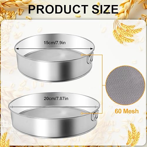 Miniatura 2 de 2 tamices redondos de harina de acero inoxidable, tamiz redondo de harina de 8 pulgadas y 6 pulgadas, 60 mallas de malla fina para hornear pastel pan