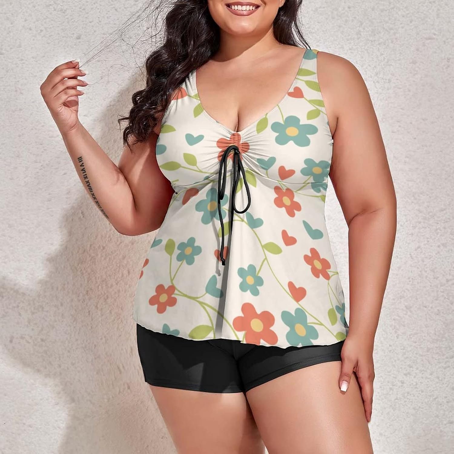 Women Plus Size Tankini Swimsuit with Boyshort Floral Flower Seamless Pattern Two Piece Bathing Suit Garden Wildflowers Swimwear Tummy Control