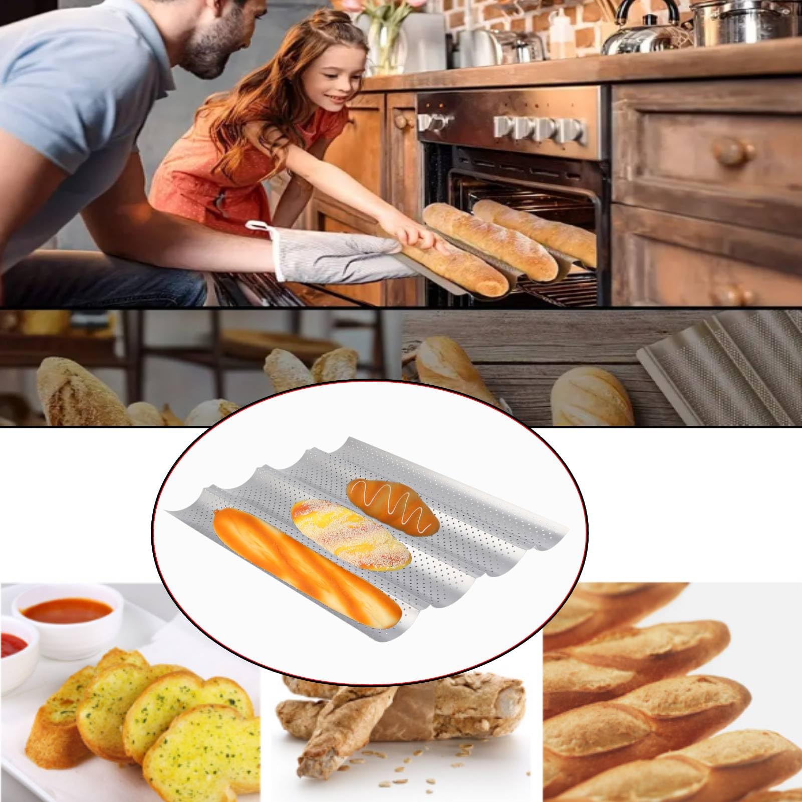 HERCHR Teglie forate per baguette, teglia in acciaio inossidabile per baguette francesi Pane Pane italiano Accessori da cucina(4-ROW)