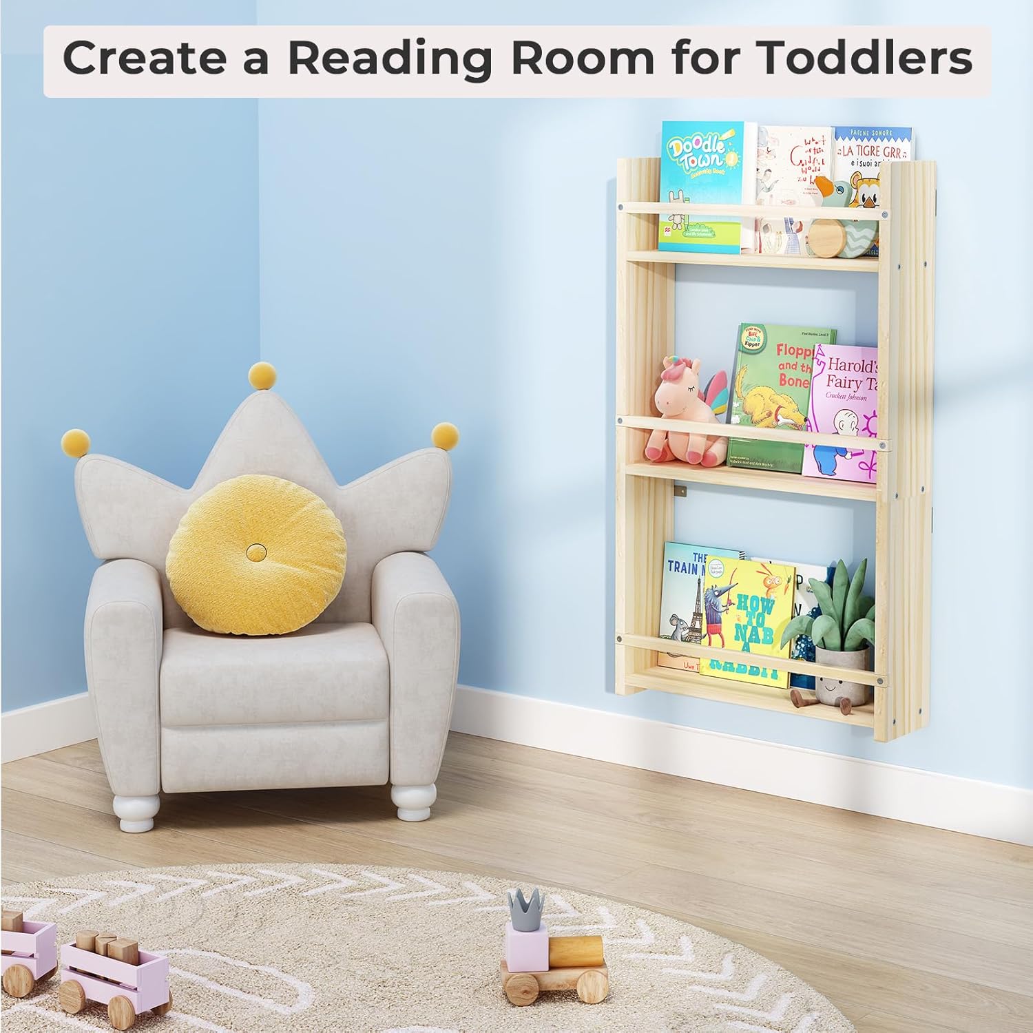 3-Tier Wall Mounted Kids Bookshelf，Hanging Kids Bookcase, Toy and Book Storage Bookshelf in Bedroom, Living Room and Nursery Solid Wood Pine (Natural, 3 Tier)