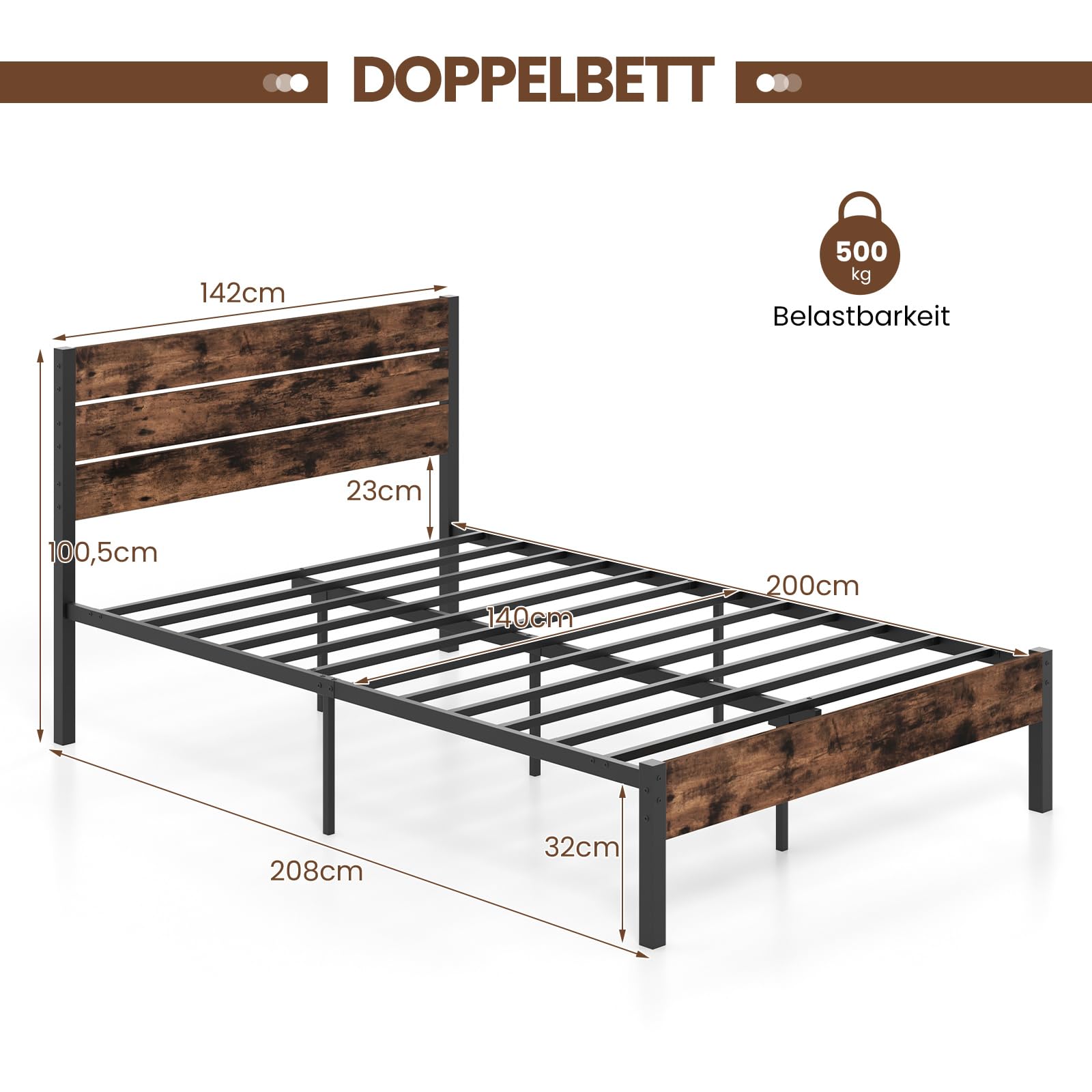COSTWAY Metalowa rama łóżka na materac 200 x 140 cm, podwójna rama łóżka, rama łóżka z stelażem i miejscem do przechowywania pod łóżkiem, metalowa platforma, łóżko dla gości, przemysłowa podstawa