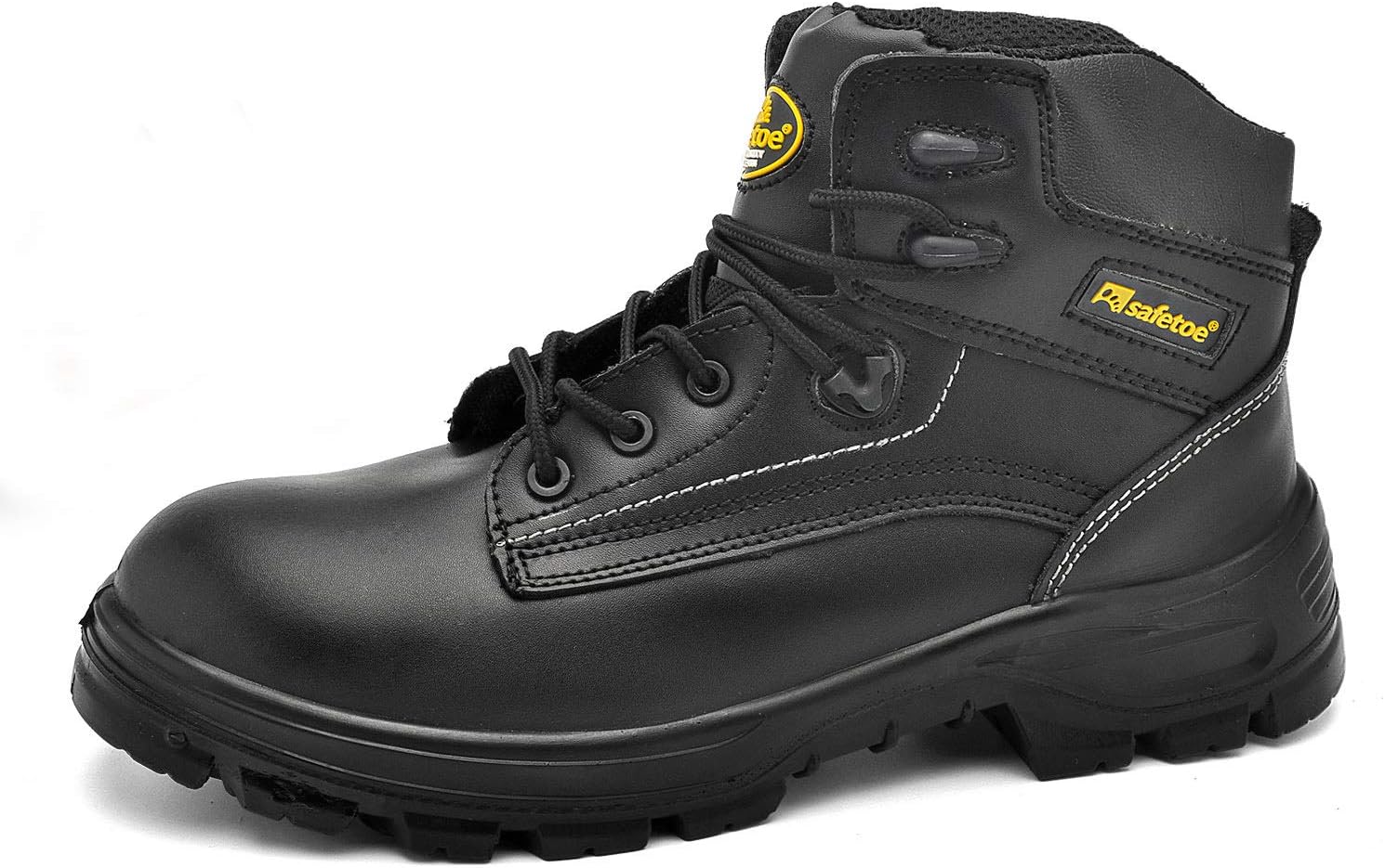 SAFETOE Men's Steel Toe Work Boots Water-Resistant Leather Lace Up Lightweight Safety Boots, Black, 13 D(M) US