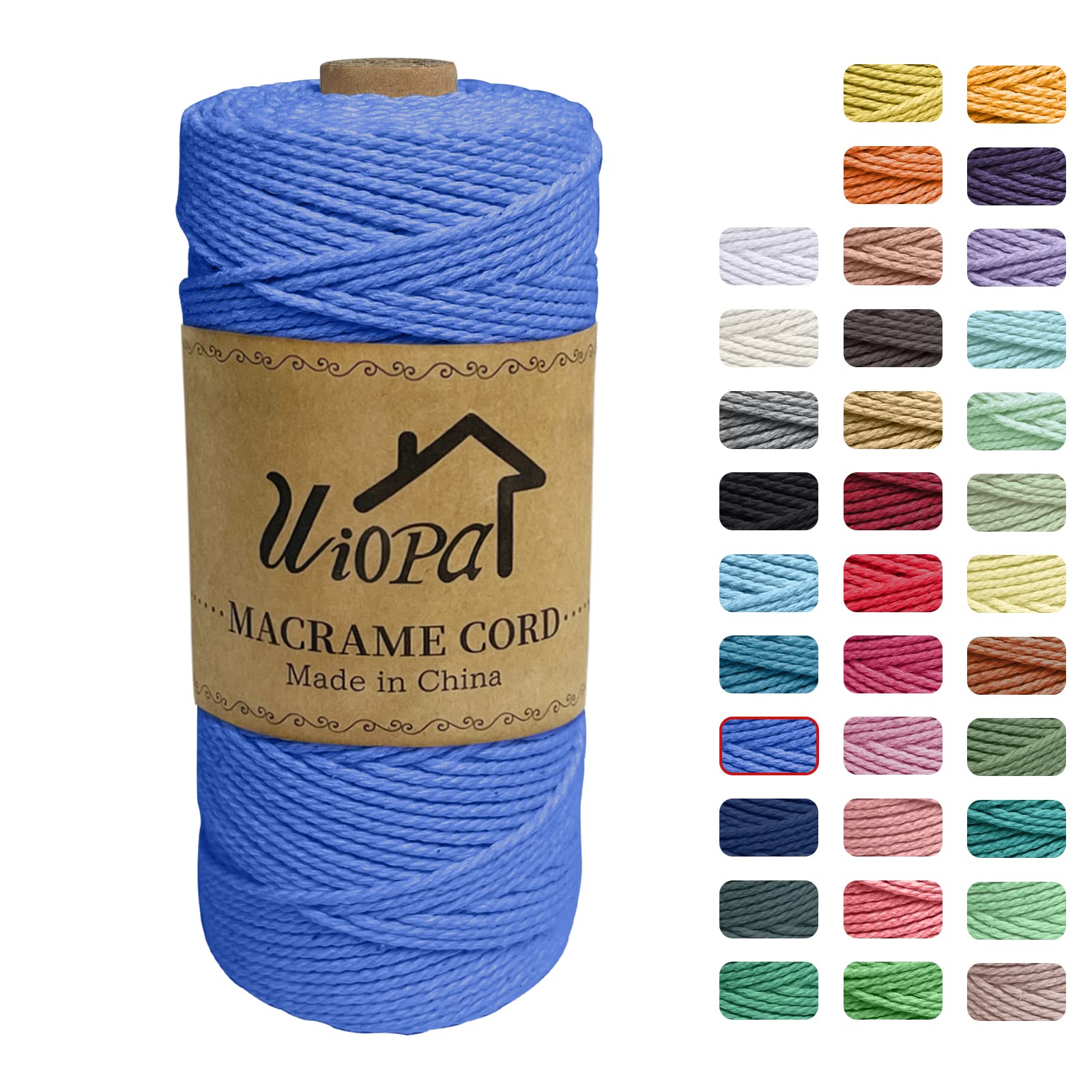 Uiopa Macrame Cord 2mm x 200m, 3-Strand Twisted Natural Cotton String, Macrame Cotton Rope Coloured String for Wall Hanging Plant Hanger Boho Home Decor Craft Projects