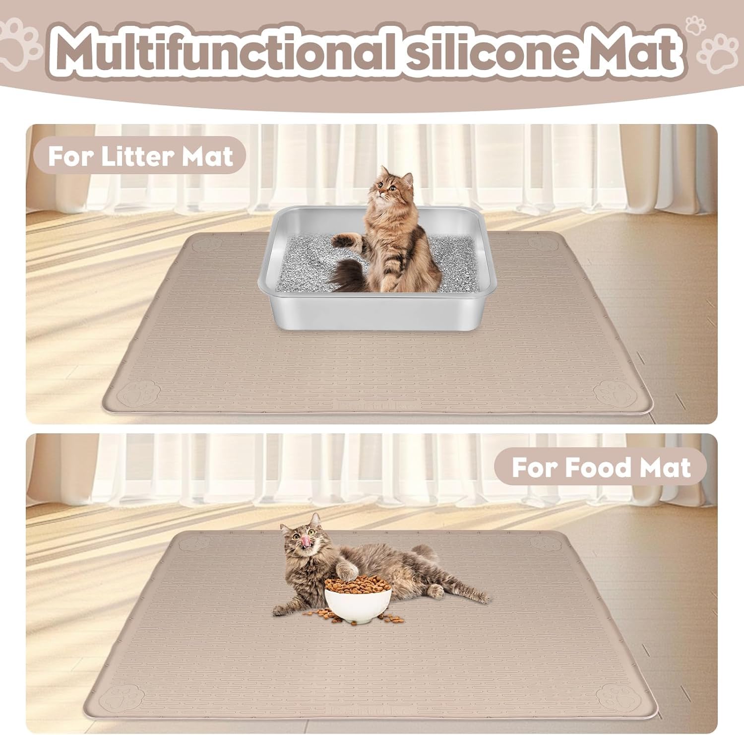 Kalolary Extra Große Katzenstreu matte – Katzennapf Silikon Streumatte zur Streu-Kontrolle, weich für Katzenpfoten, wasserdicht & leicht zu reinigen (Khaki, 101 x 71 cm)