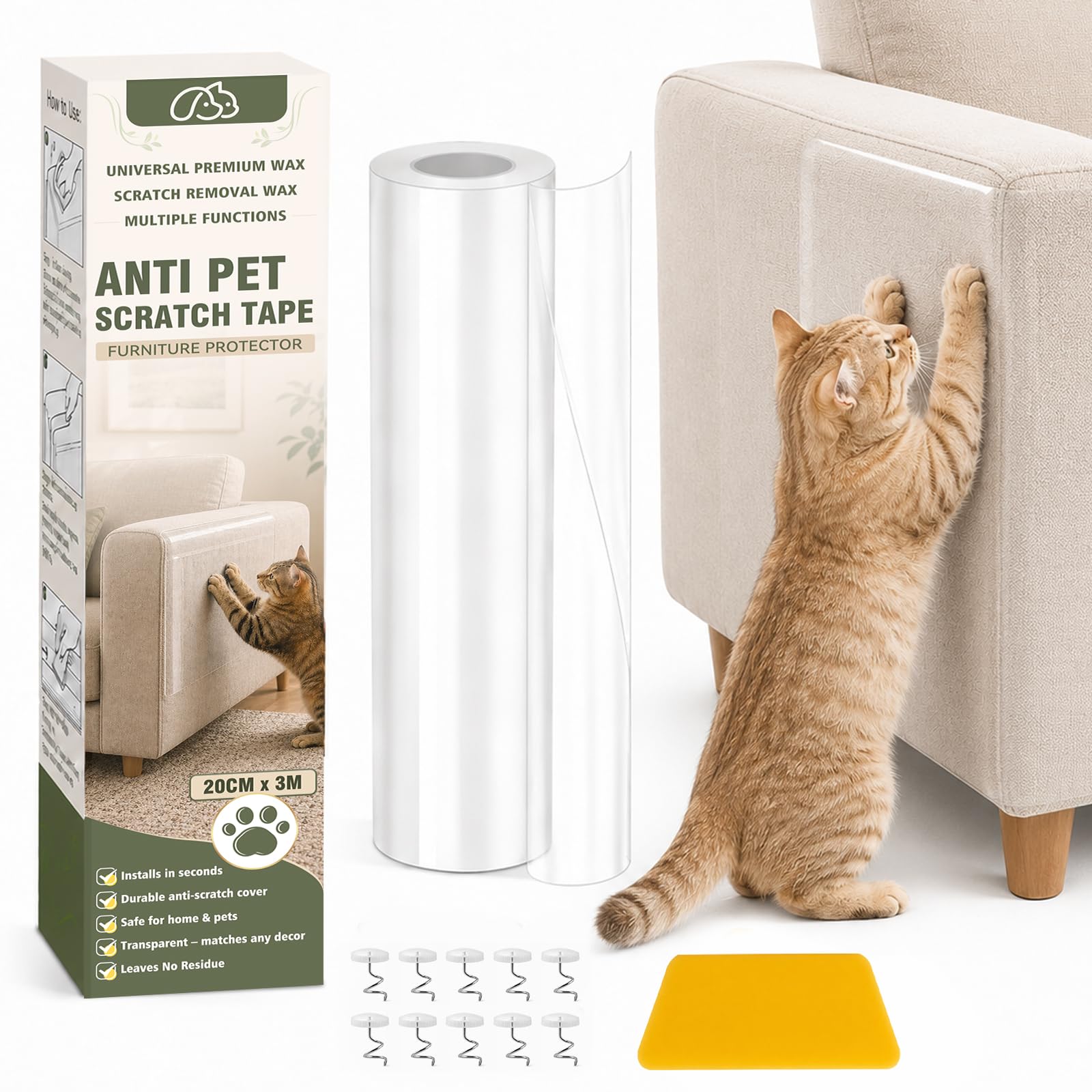 Cat Anti Scratch Tape, Transparent Self-Adhesive Sofa Protectors from Pets, Wear-Resistant Anti Scratch Furniture Protector for Carpet, Couch and Door (20cm x 3m)