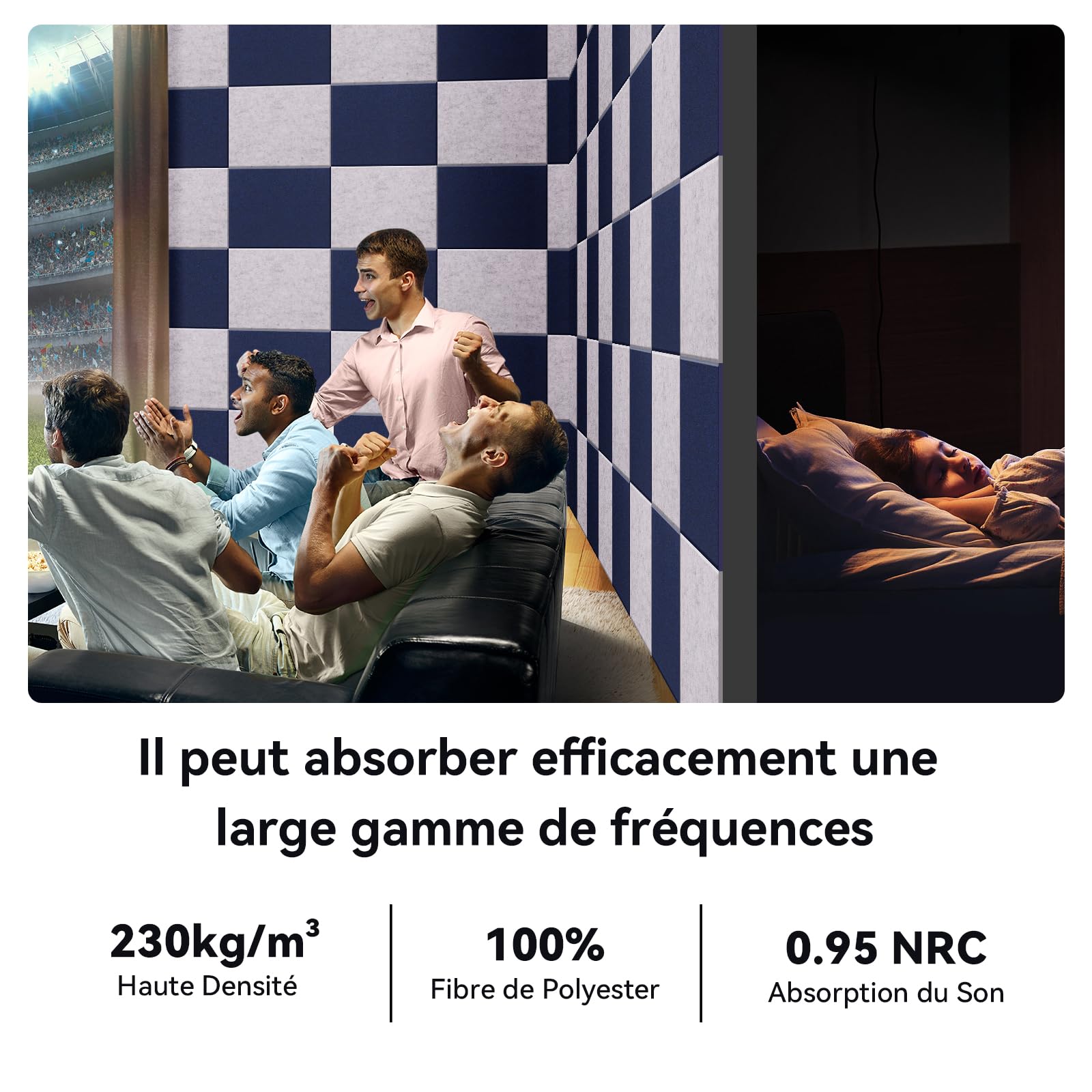 Lot de 12 panneaux acoustiques autocollants, 30*40*0.9cm Isolation phonique efficace, Couverture 1,44㎡, haute densité (230kg/m³) NRC 0.95, mousse acoustique pour murs et portes, salle de jeux