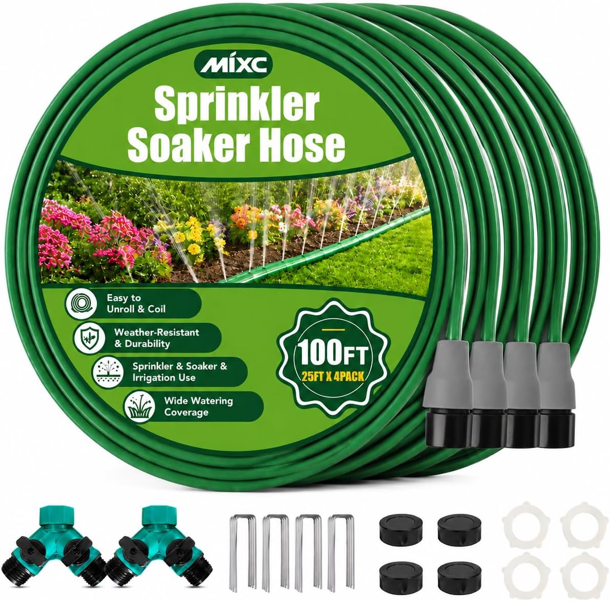 MIXC Sprinkler Hose with Holes Reinforced Garden Lawn Hose 100FT (25FTx 4) | No-Kink Design, Heavy Duty, 40 Stakes & 2 Splitters, Flat Sprinkler Soaker Irrigation Hose for Lawn/Vegetable/Yard/Flower Bed