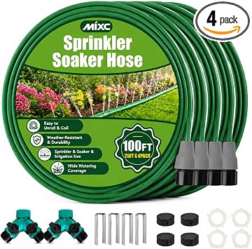 MIXC Sprinkler Hose with Holes Reinforced Garden Lawn Hose 100FT 25FTx 4 | No-Kink Design, Heavy Duty, 40 Stakes & 2 Splitters, Flat Sprinkler Soaker Irrigation Hose for Lawn/Vegetable/Yard/Flower Bed