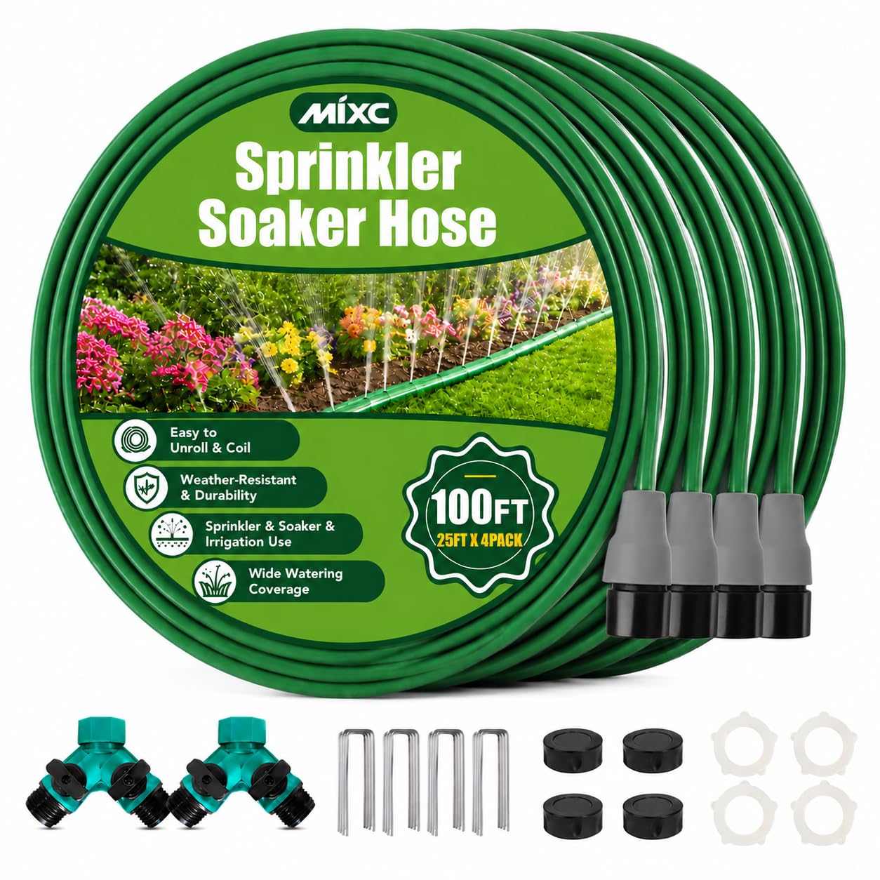 MIXC Sprinklerschlauch mit Löchern, 30 m (7,6 m, 4 Stück) flexibler flacher Sprinkler-Schlauch mit 40 Gartenklammern und 2 Splittern, effizientes wassersparendes Design für Rasen, Hof, Blumenbeete und