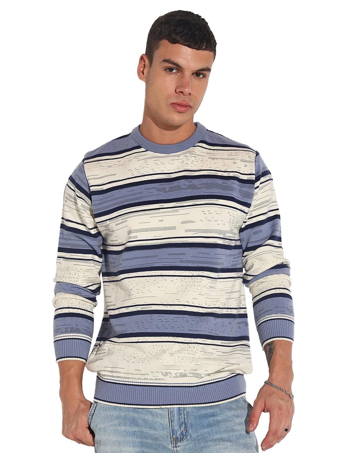 Men's Striped Blue Ribbed Round Neck Sweater-LBR-2535_Blue-image-30
