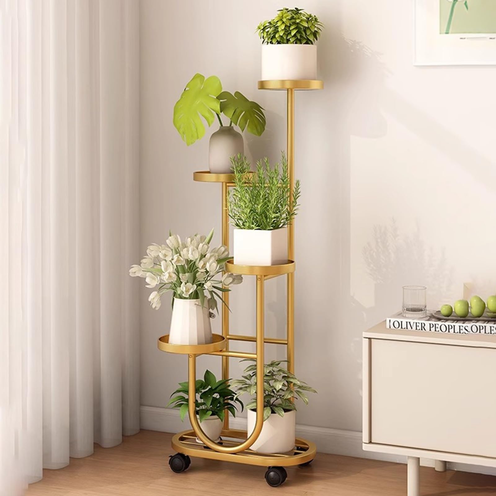 Support pour plante d'intérieur haut en métal doré au design minimaliste chic