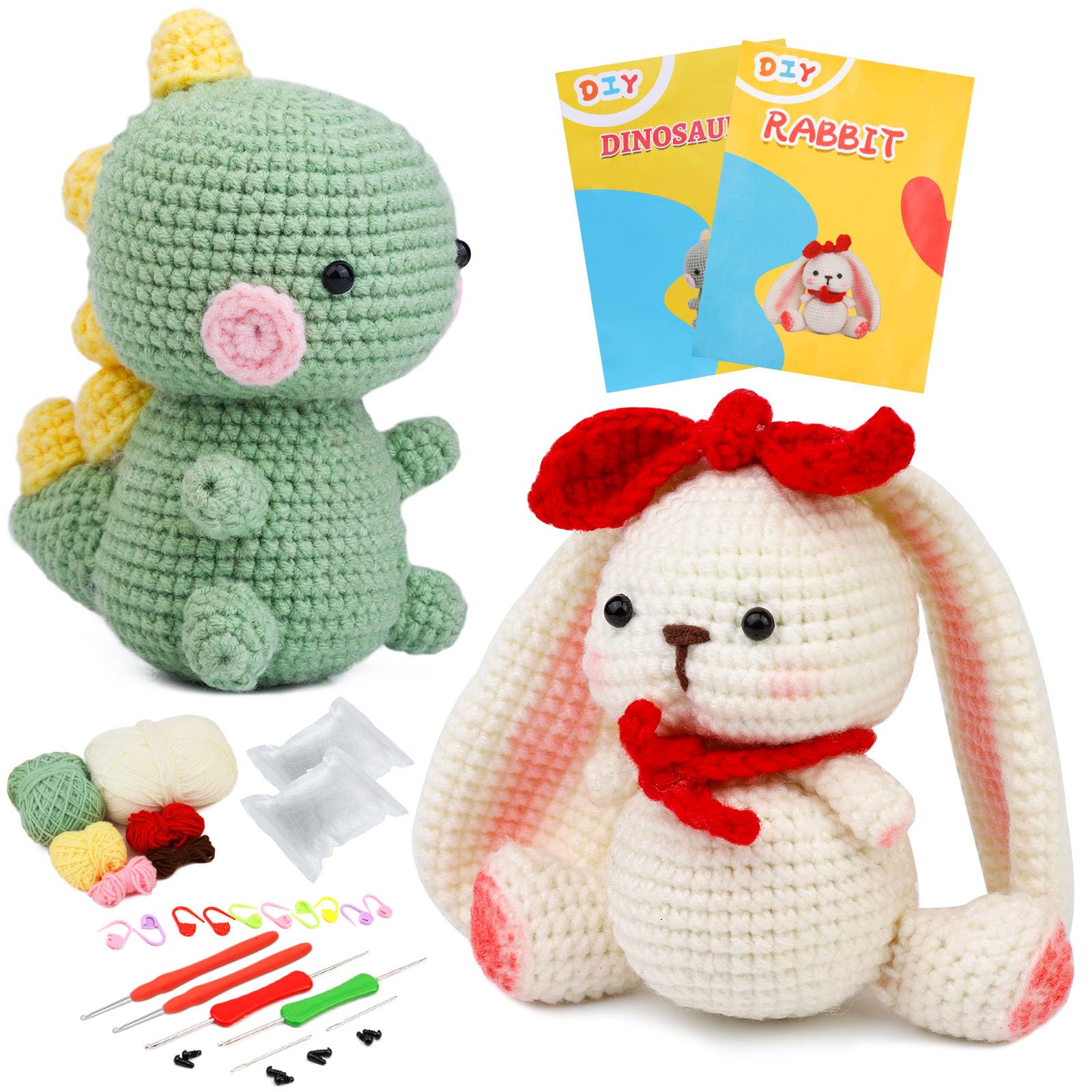 JNENERY 2 Set Crochet Animal Kit, Crochet Kit for Beginners, Cute Animal Kit Rabbits and Dinosaurs Starter Pack with Yarn Balls, Crochet Hooks, Stitch Markers, Needles, Accessories Kit for Beginners