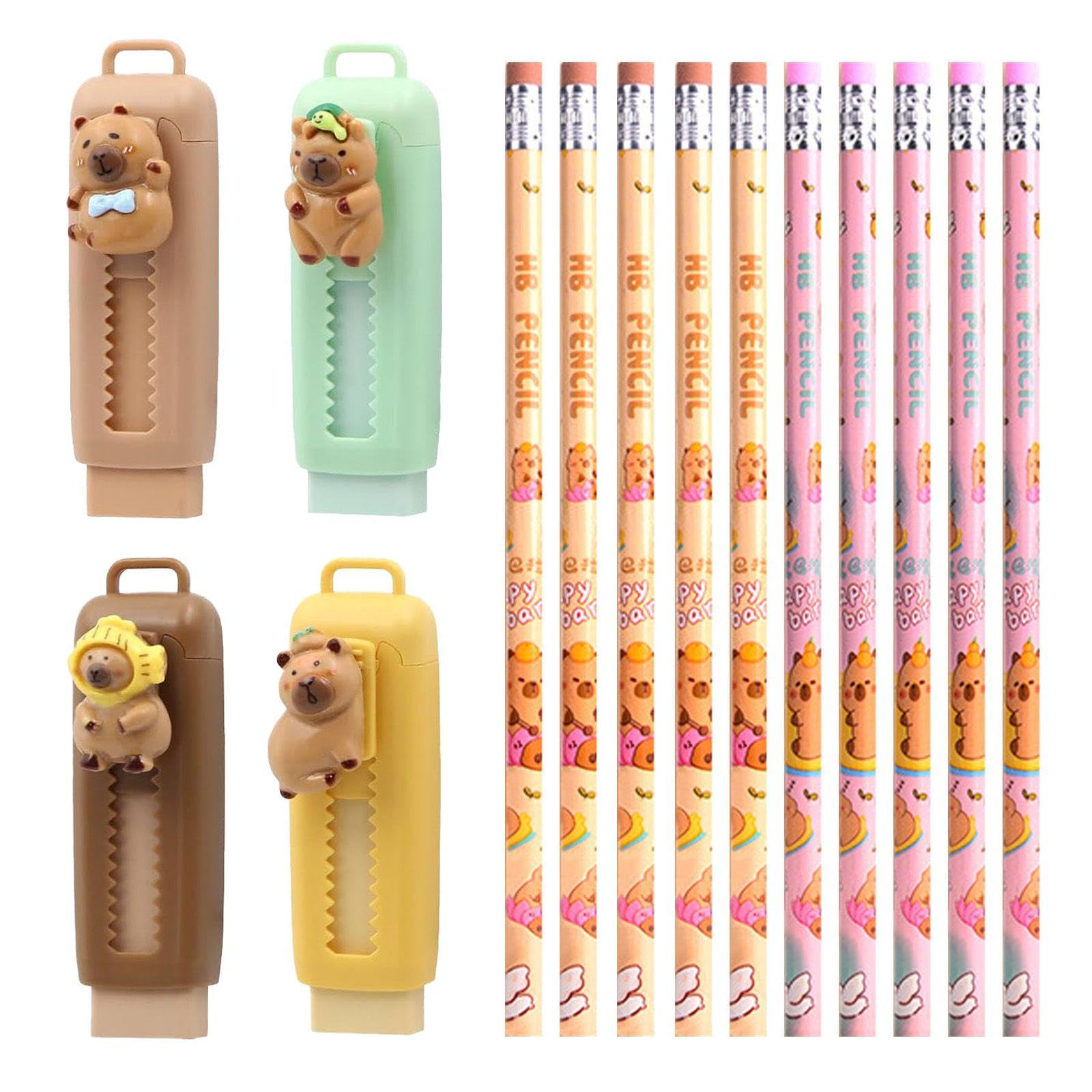 4 Pieces Cartoon Capybara Eraser and 10 Pieces Pencils, Animal Styling Eraser, Drawing Accessories, Creative Cute Stationery, Student Gifts.
