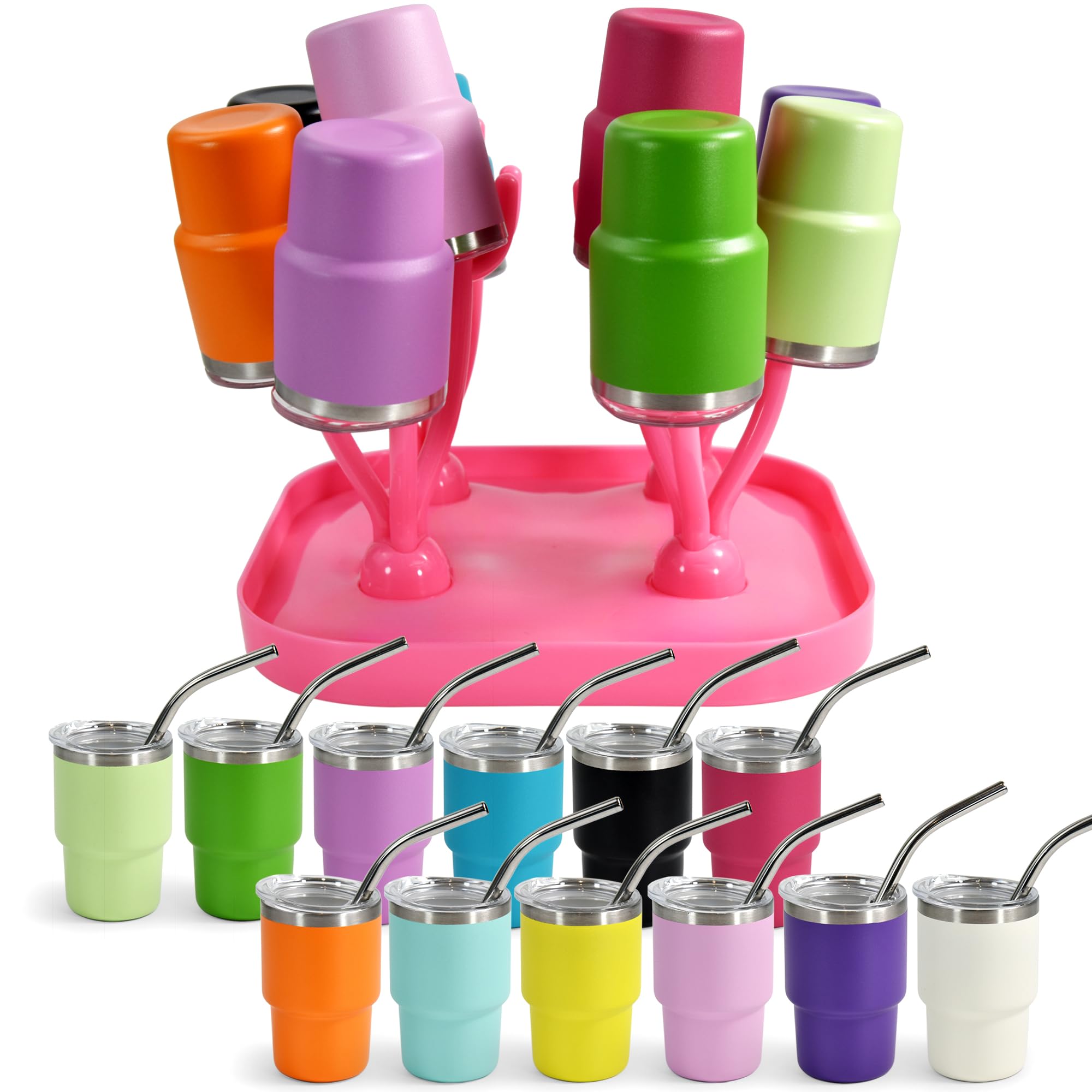 FECBK3 oz Mini Tumbler Shot Glass with Straw and Lid 12 Pcs Mini Shot Glasses Tumblers Stainless Steel Mini Shot Cup with Drying Rack for Wedding Party Whiskey Cocktail Bar