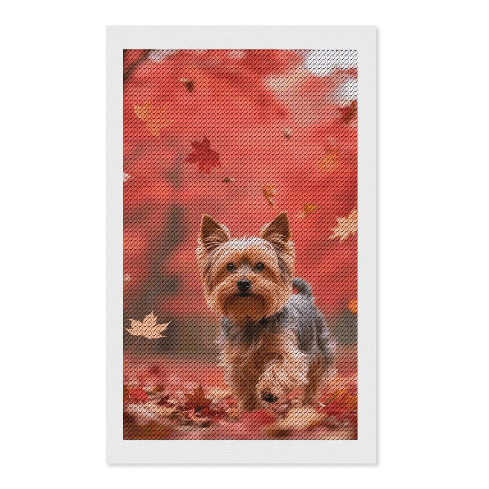 FodPand Yorkshire Terrier in Maple Forest 5D Diamond Painting Kits for Adults Beginners Full Drill Round Diamond Dots Pictures Gem Art Supplies for Home Wall Room Decoration DIY Craft Set Gift 12x20