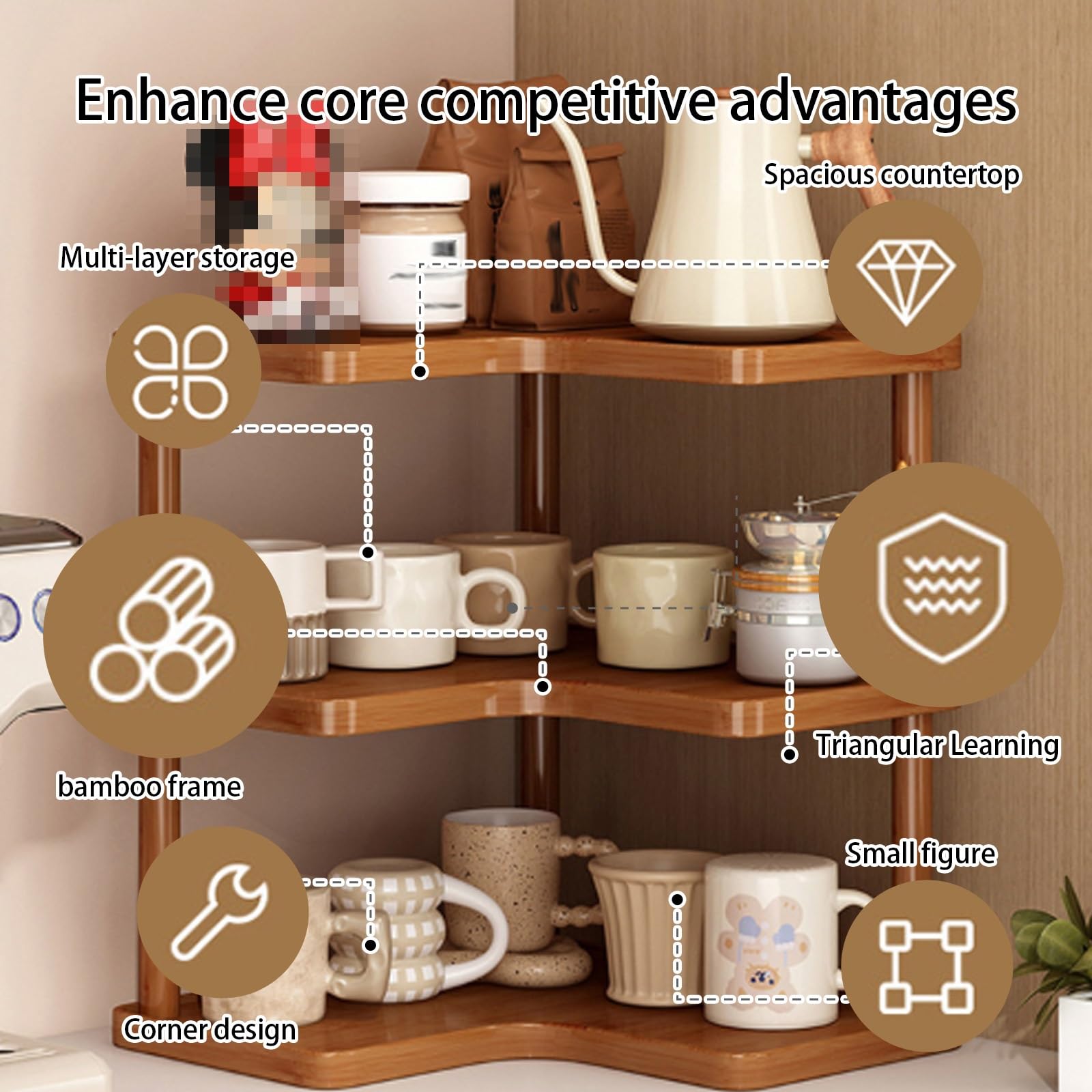 Organizer angolare da scrivania, autoportante, compatto, per tazze (bambù) per ufficio, camera da letto, cucina, bagno (29,5 x 29,5 x 14 cm)