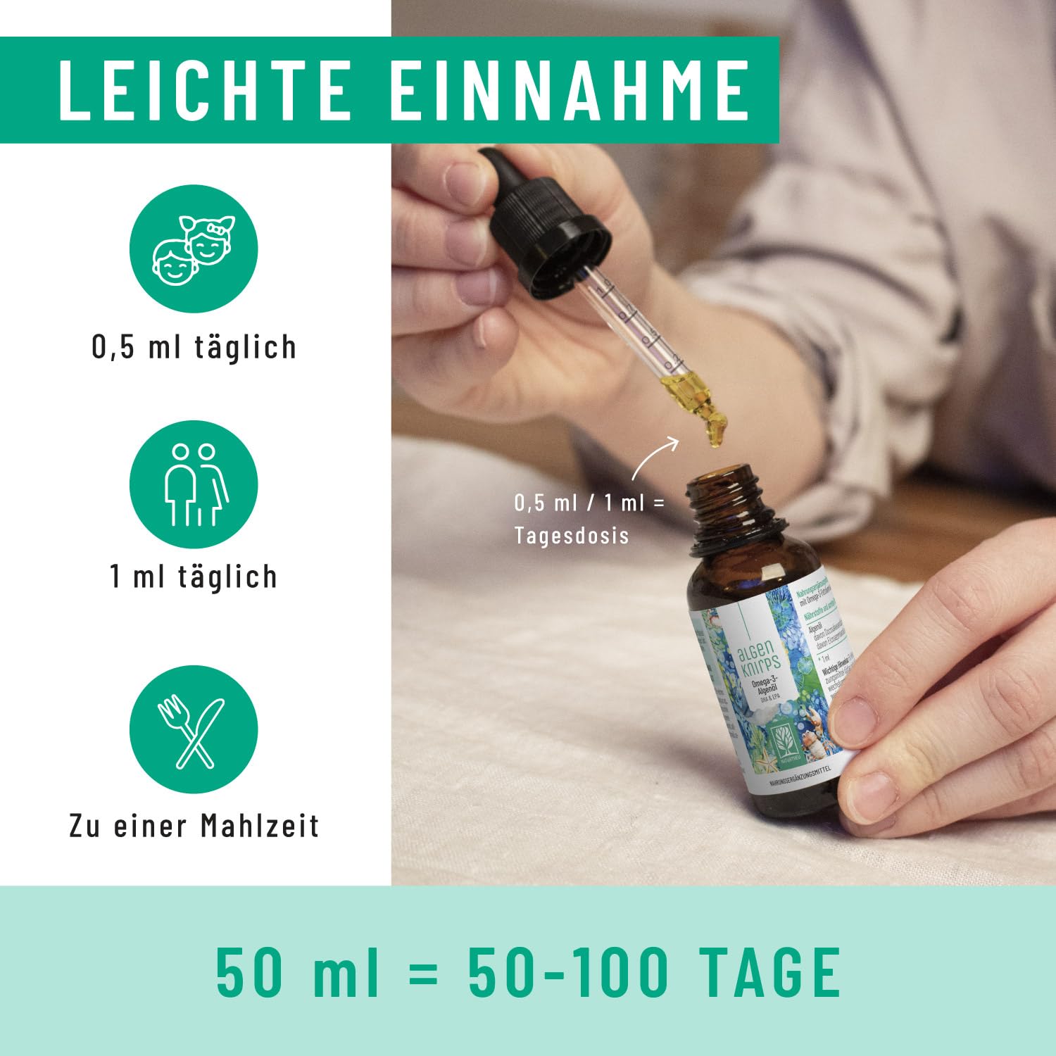 NATURTREU® Omega 3 für Kinder aus Algenöl - Optimiert für Kinder mit leckerem Orangen Geschmack, 250 mg DHA und 125 mg EPA pro Portion - kein Tropfen zählen nötig - Omega 3 Kids - Vegan - 50 Portionen