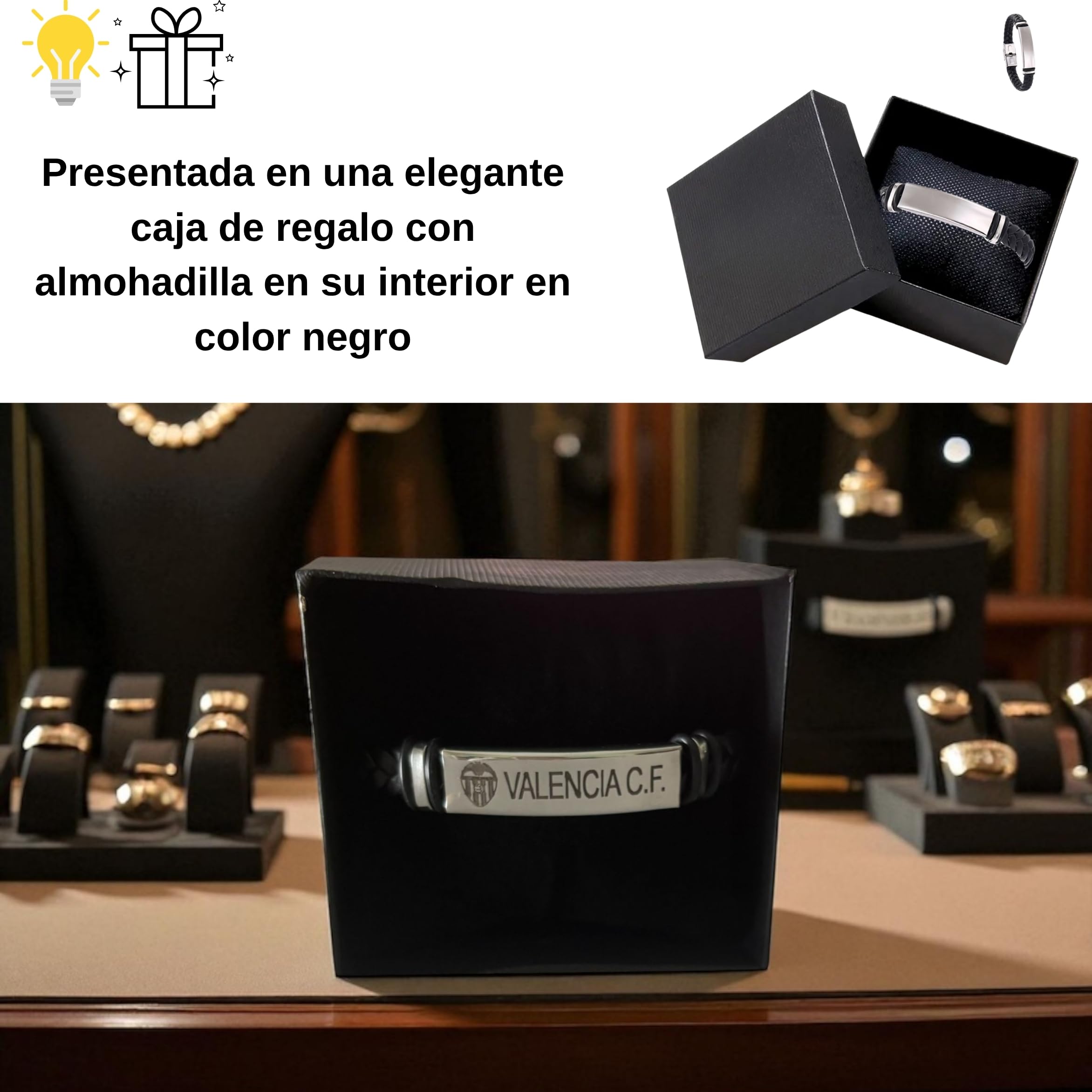 Genérico Pulsera ajustable en acero y cuero - Escudo VALENCIA C.F. - Presentada en caja para regalo - Regalo para hombre o mujer