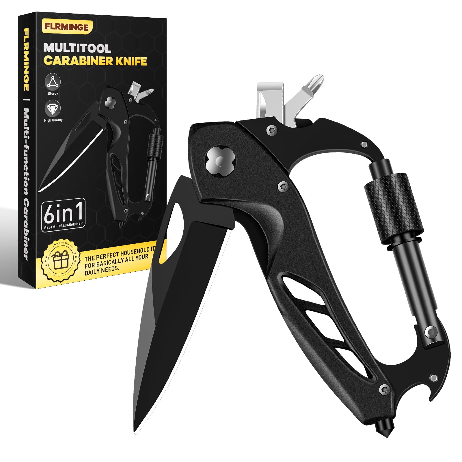Multitool Carabiner with Pocket Knife Survival Gear for Camping Hiking EDC Carabiners Keychain with Folding Knives Bottle Opener