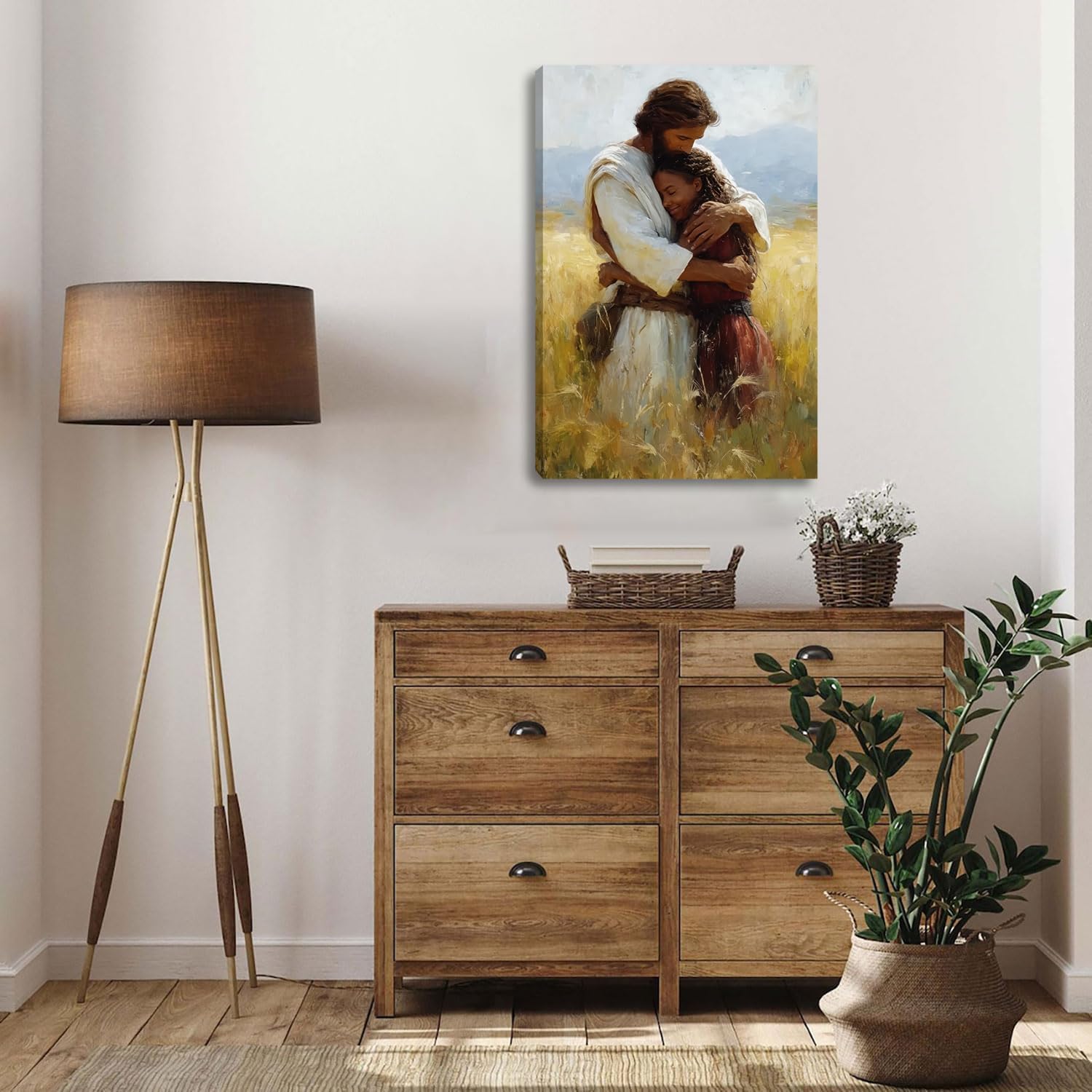 2D No Texture Jesus Embracing Black Women Canvas Wall Art Decor, Christian Safe in His Arms Painting Poster, Jesus Hugging Black Girl Pictures for Wall Living Room Bedroom Church Home Decoration 16*24 in (Stretched Canvas on A Wooden Frame)
